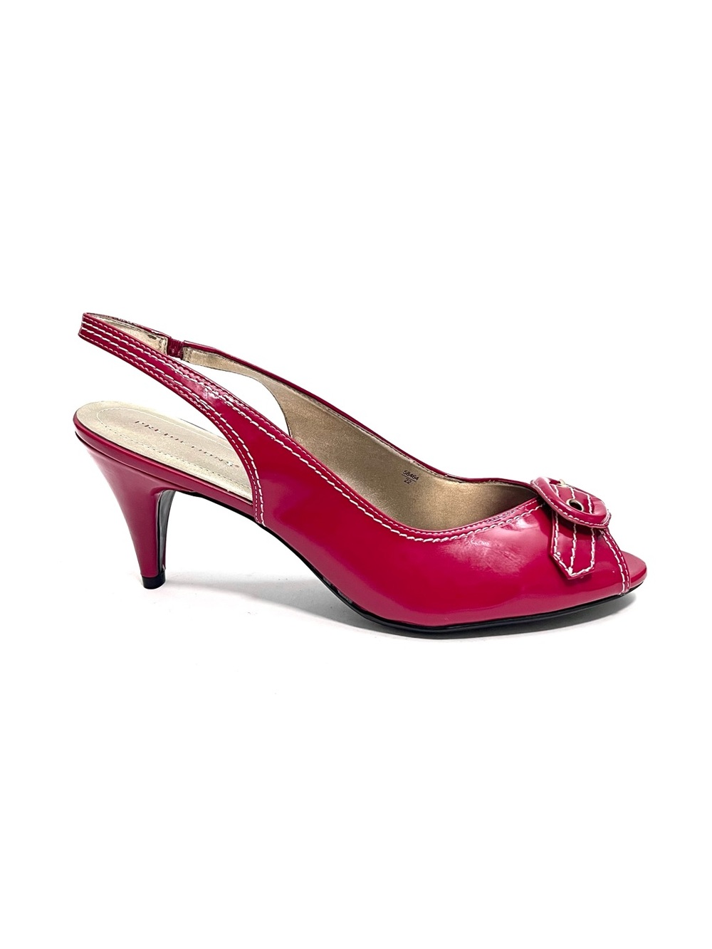 Vintage Y2K deadstock red vegan patent leather peep toe buckle slingback heels
